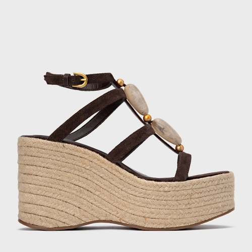 Sandália Stone Maxi Anabela Couro Suede Marrom Ganache
