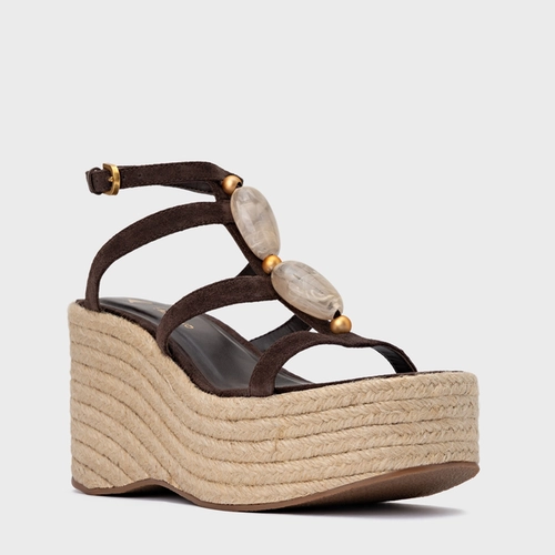 Sandália Stone Maxi Anabela Couro Suede Marrom Ganache
