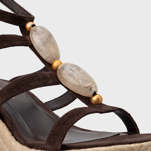 Sandália Stone Maxi Anabela Couro Suede Marrom Ganache