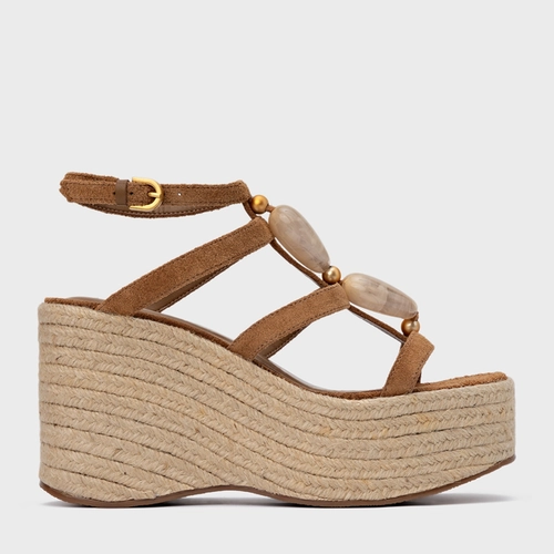Sandália Stone Maxi Anabela Couro Suede Marrom Saddle