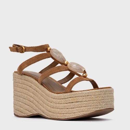 Sandália Stone Maxi Anabela Couro Suede Marrom Saddle