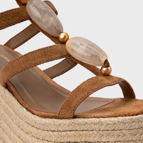 Sandália Stone Maxi Anabela Couro Suede Marrom Saddle