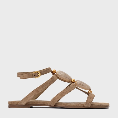Sandália Rasteira Stone Couro Suede Bege Almond