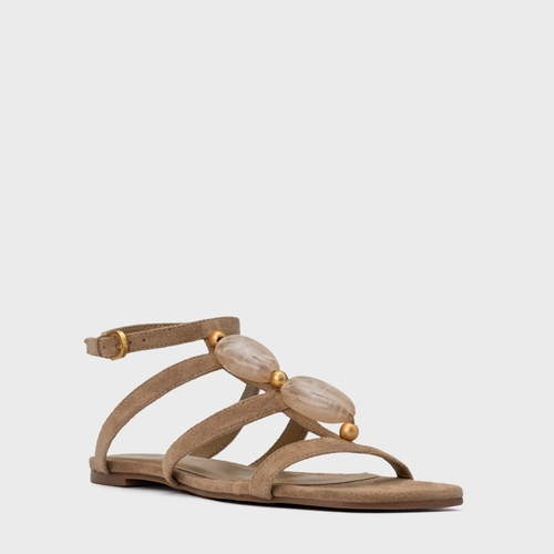 Sandália Rasteira Stone Couro Suede Bege Almond