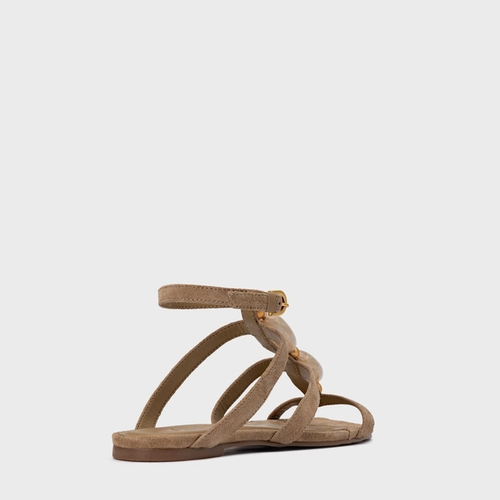 Sandália Rasteira Stone Couro Suede Bege Almond
