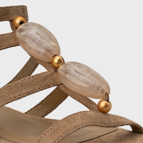 Sandália Rasteira Stone Couro Suede Bege Almond