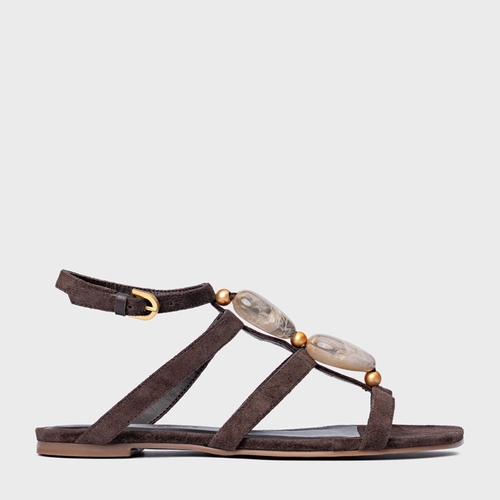 Sandália Rasteira Stone Couro Suede Marrom Ganache