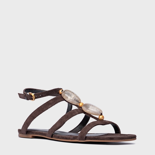 Sandália Rasteira Stone Couro Suede Marrom Ganache