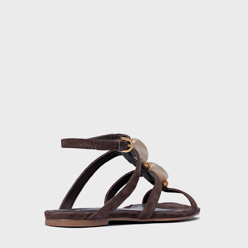 Sandália Rasteira Stone Couro Suede Marrom Ganache