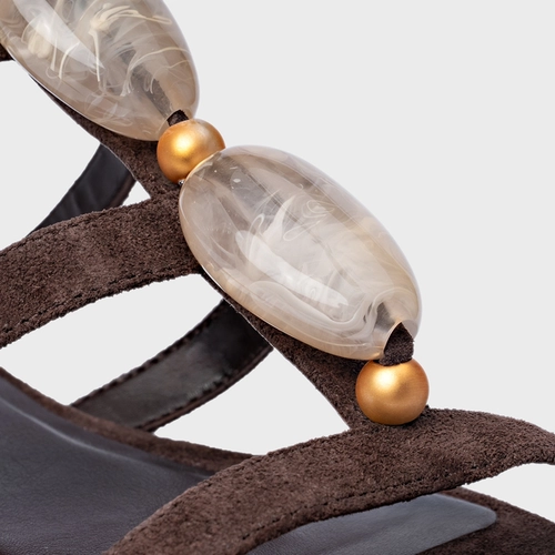 Sandália Rasteira Stone Couro Suede Marrom Ganache