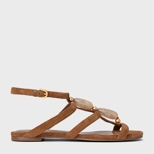 Sandália Rasteira Stone Couro Suede Marrom Saddle