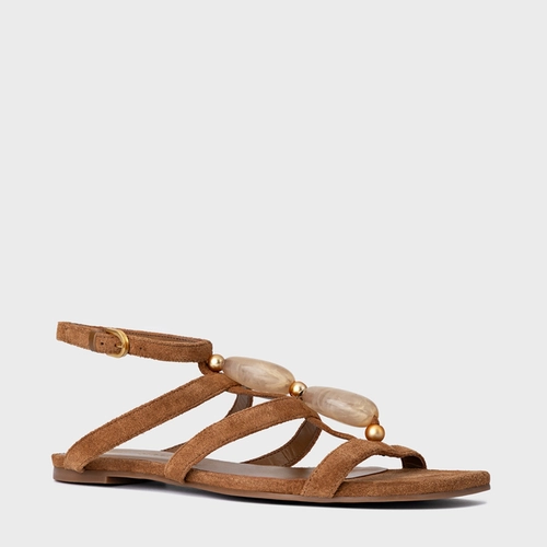 Sandália Rasteira Stone Couro Suede Marrom Saddle