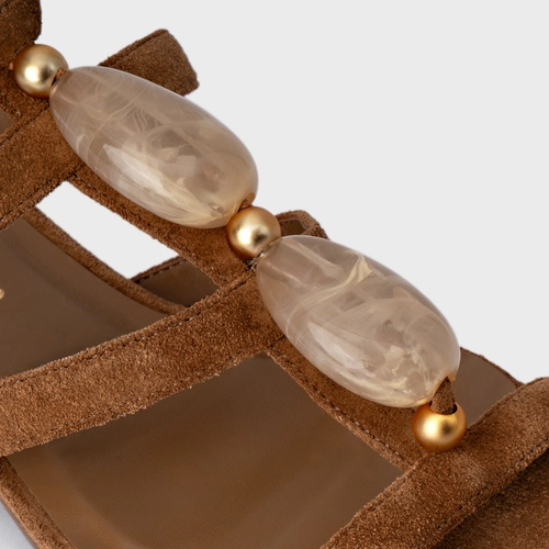 Sandália Rasteira Stone Couro Suede Marrom Saddle