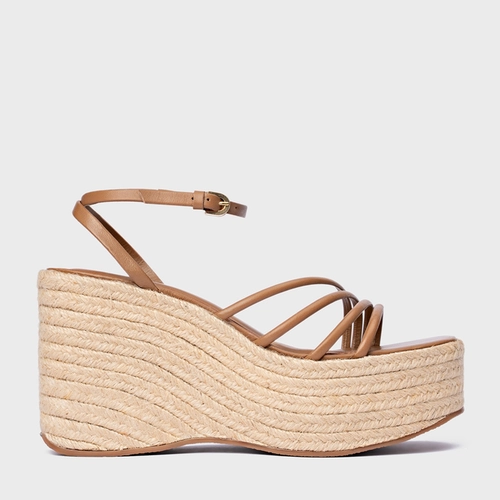 Sandália Minimal Lines Maxi Anabela Couro Marrom Gingerbread