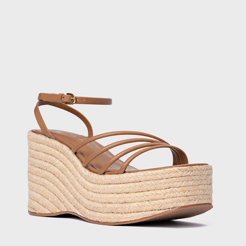 Sandália Minimal Lines Maxi Anabela Couro Marrom Gingerbread
