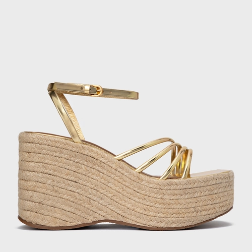 Sandália Minimal Lines Maxi Anabela Couro Spechio Dourado Gold