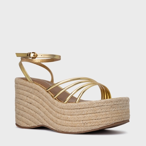 Sandália Minimal Lines Maxi Anabela Couro Spechio Dourado Gold
