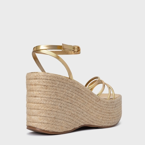 Sandália Minimal Lines Maxi Anabela Couro Spechio Dourado Gold