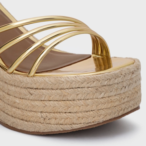 Sandália Minimal Lines Maxi Anabela Couro Spechio Dourado Gold