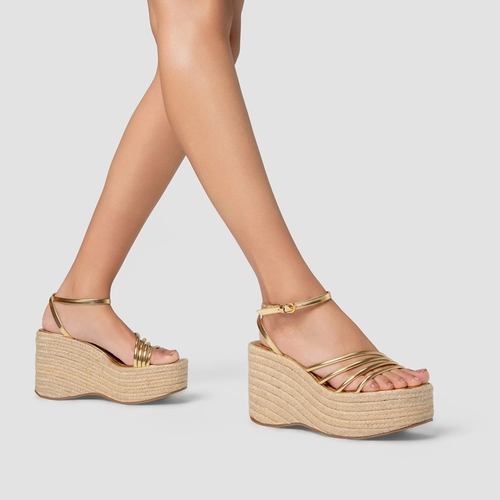 Sandália Minimal Lines Maxi Anabela Couro Spechio Dourado Gold