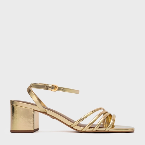 Sandália Minimal Lines Salto Bloco Couro Spechio Dourado Gold