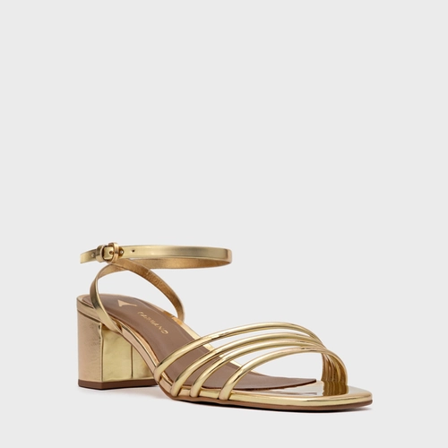 Sandália Minimal Lines Salto Bloco Couro Spechio Dourado Gold