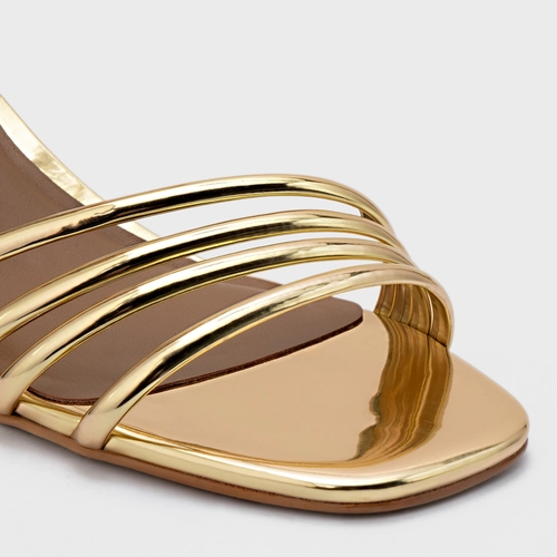 Sandália Minimal Lines Salto Bloco Couro Spechio Dourado Gold