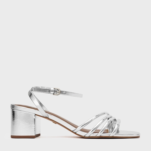 Sandália Minimal Lines Salto Bloco Couro Spechio Prata Silver