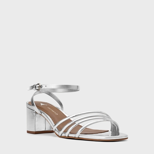 Sandália Minimal Lines Salto Bloco Couro Spechio Prata Silver