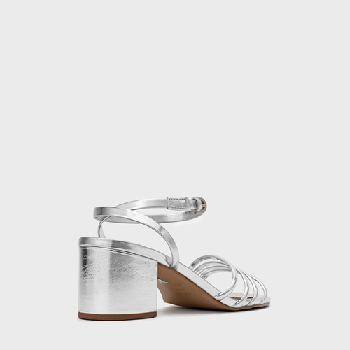 Sandália Minimal Lines Salto Bloco Couro Spechio Prata Silver