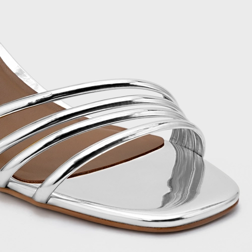 Sandália Minimal Lines Salto Bloco Couro Spechio Prata Silver