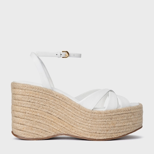 Sandália Triple Tiras Maxi Anabela Couro Branco Blanc