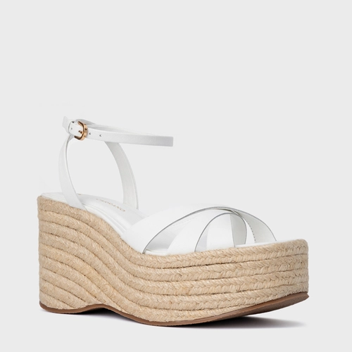 Sandália Triple Tiras Maxi Anabela Couro Branco Blanc