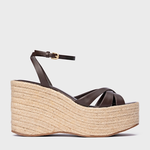 Sandália Triple Tiras Maxi Anabela Couro Marrom Ganache