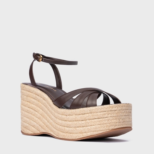 Sandália Triple Tiras Maxi Anabela Couro Marrom Ganache