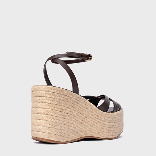 Sandália Triple Tiras Maxi Anabela Couro Marrom Ganache