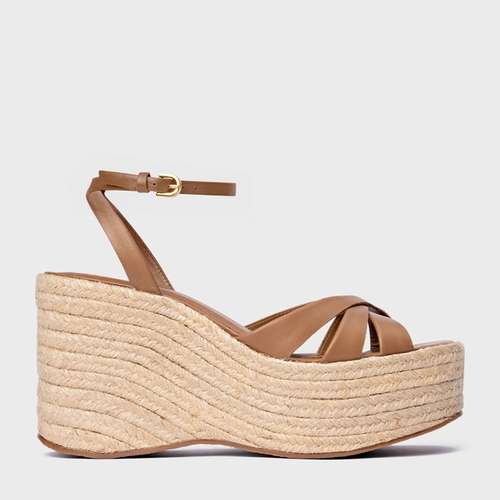 Sandália Triple Tiras Maxi Anabela Couro Marrom Gingerbread