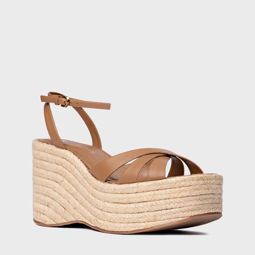 Sandália Triple Tiras Maxi Anabela Couro Marrom Gingerbread