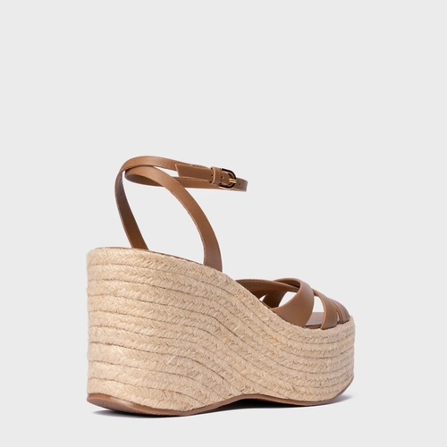 Sandália Triple Tiras Maxi Anabela Couro Marrom Gingerbread