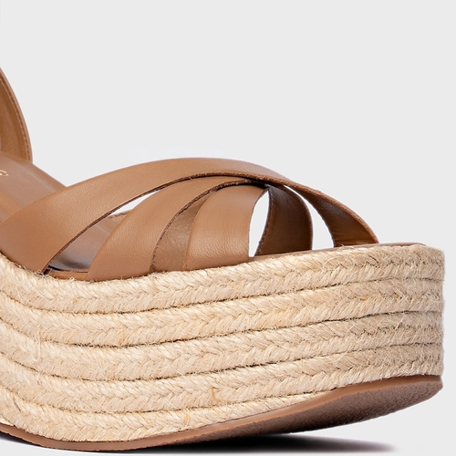 Sandália Triple Tiras Maxi Anabela Couro Marrom Gingerbread