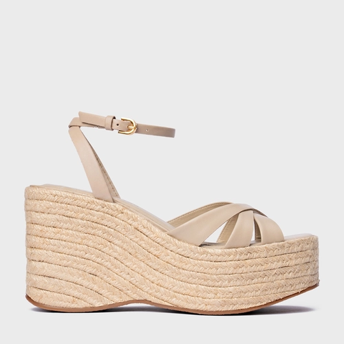 Sandália Triple Tiras Maxi Anabela Couro Bege Oatmeal
