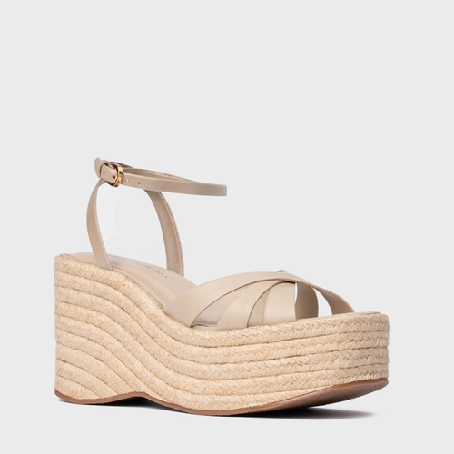 Sandália Triple Tiras Maxi Anabela Couro Bege Oatmeal