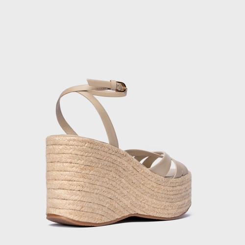 Sandália Triple Tiras Maxi Anabela Couro Bege Oatmeal