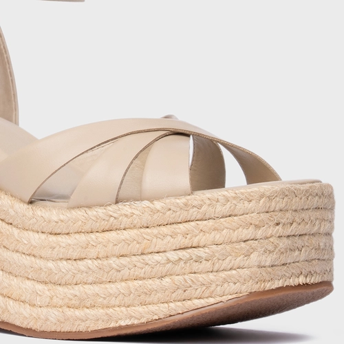 Sandália Triple Tiras Maxi Anabela Couro Bege Oatmeal