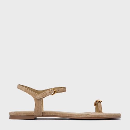 Sandália Rasteira Soleil Couro Suede Bege Almond