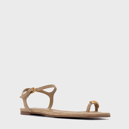 Sandália Rasteira Soleil Couro Suede Bege Almond