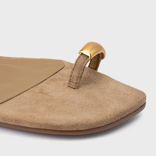 Sandália Rasteira Soleil Couro Suede Bege Almond