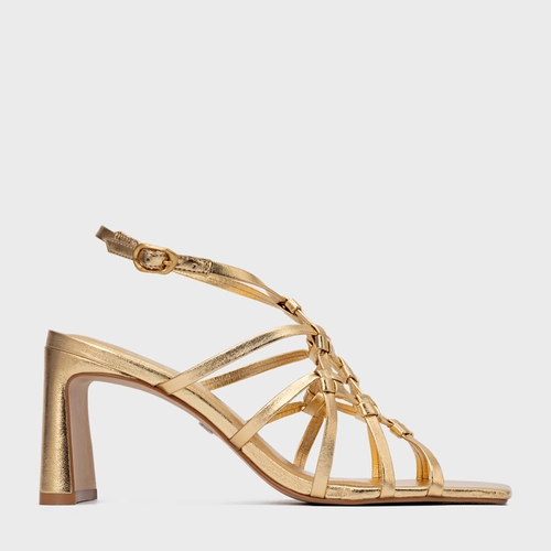 Sandália Knot Frame Salto Uno Couro Metalizado Dourado Gold