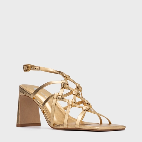 Sandália Knot Frame Salto Uno Couro Metalizado Dourado Gold