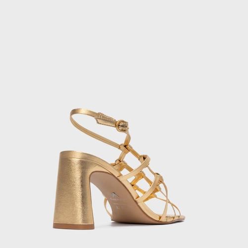Sandália Knot Frame Salto Uno Couro Metalizado Dourado Gold